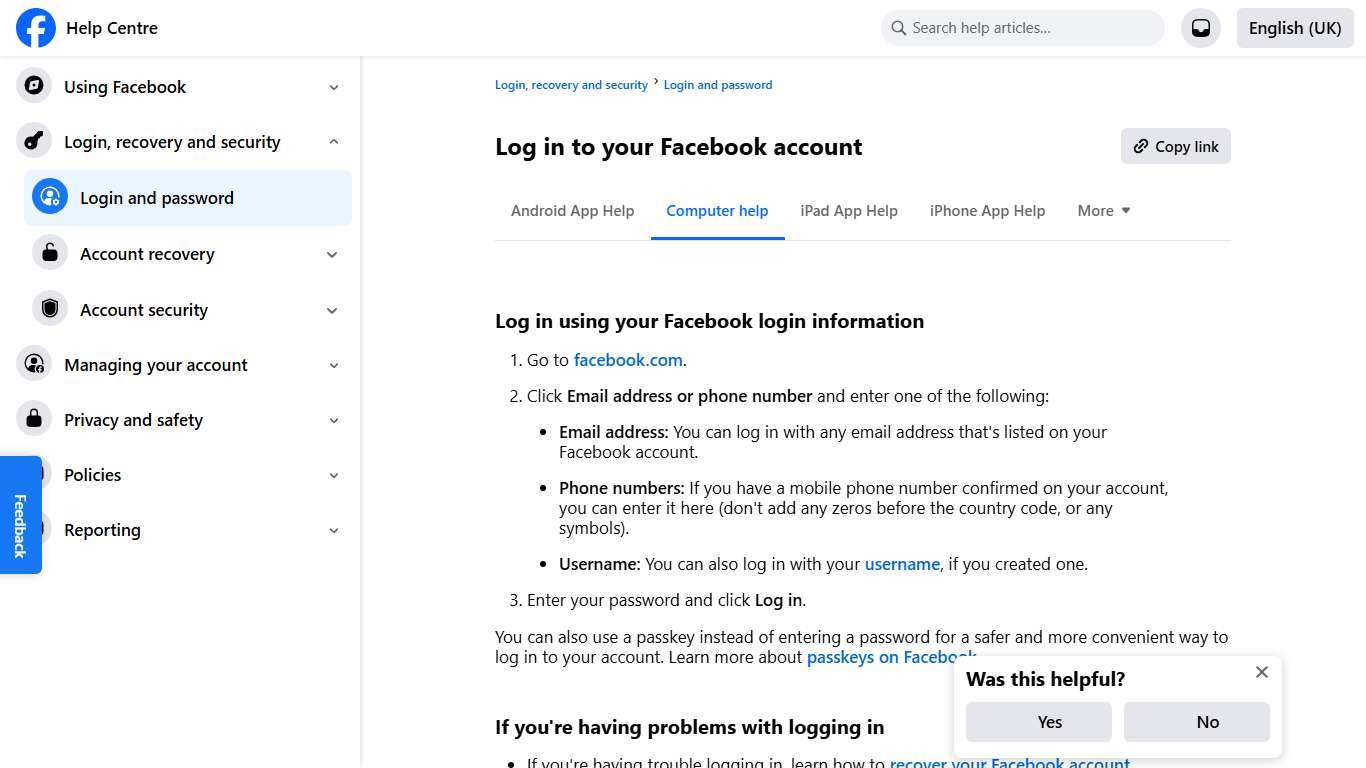 Log in to your Facebook account Facebook Help Centre